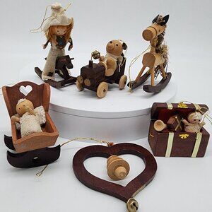 VTG 70s Rustic Wooden Christmas Ornaments Rocking Horse Toy Chest Car by Gibson